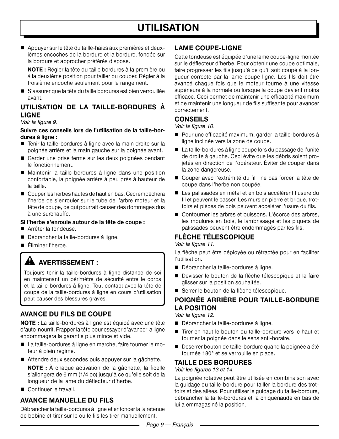 Homelite UT41121 Utilisation De La Taille-Borduresà Ligne, Avance Du Fils De Coupe, Avance Manuelle Du Fils, Conseils 